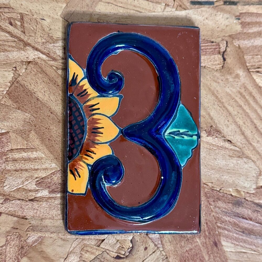 Mexican Talavera Ceramic House Number 3 Sunflower Tile Raised Hand Painted